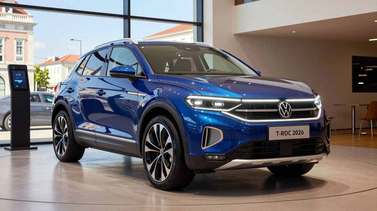 Carro SUV Volkswagen T-ROC 2026 azul exibido em showroom moderno com iluminação natural.