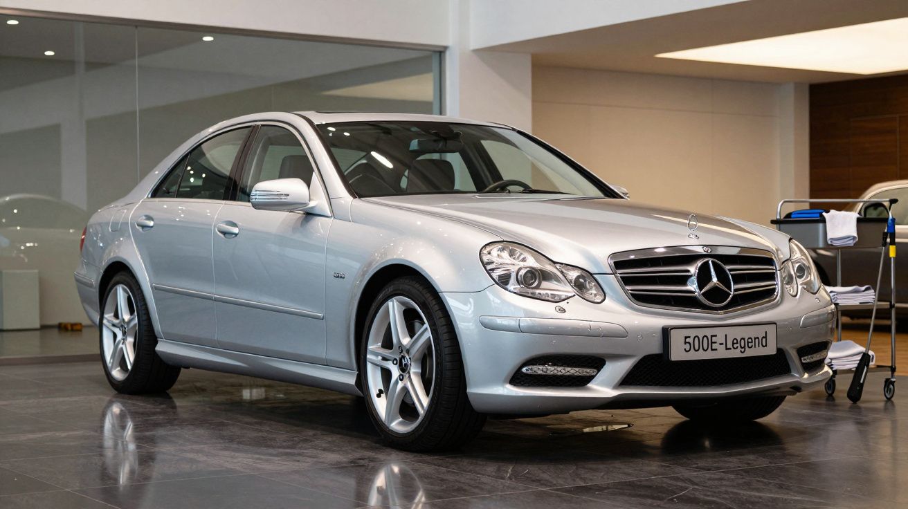 Carro sedã prata Mercedes-Benz 500E-Legend em exposição interna com piso brilhante.