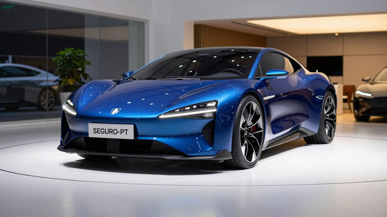 Carro esportivo azul metálico estacionado em ambiente interno com iluminação moderna e design aerodinâmico.