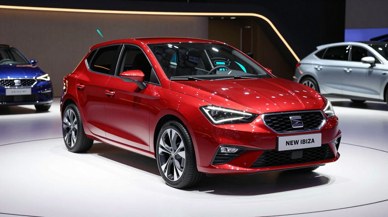 Carro vermelho Seat New Ibiza em exposição em palco branco com outros carros ao fundo.