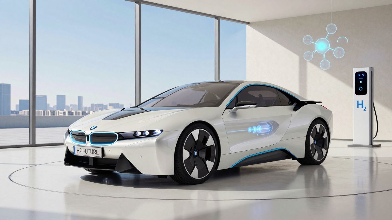 Carro esportivo BMW branco futurista elétrico abastecido com hidrogênio em ambiente interno moderno.