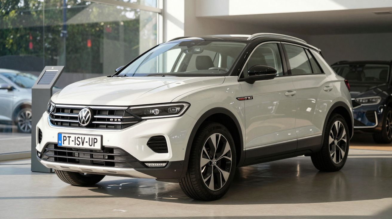 SUV branco Volkswagen T-Roc GT estacionado em showroom com luz natural entrando pelas janelas.