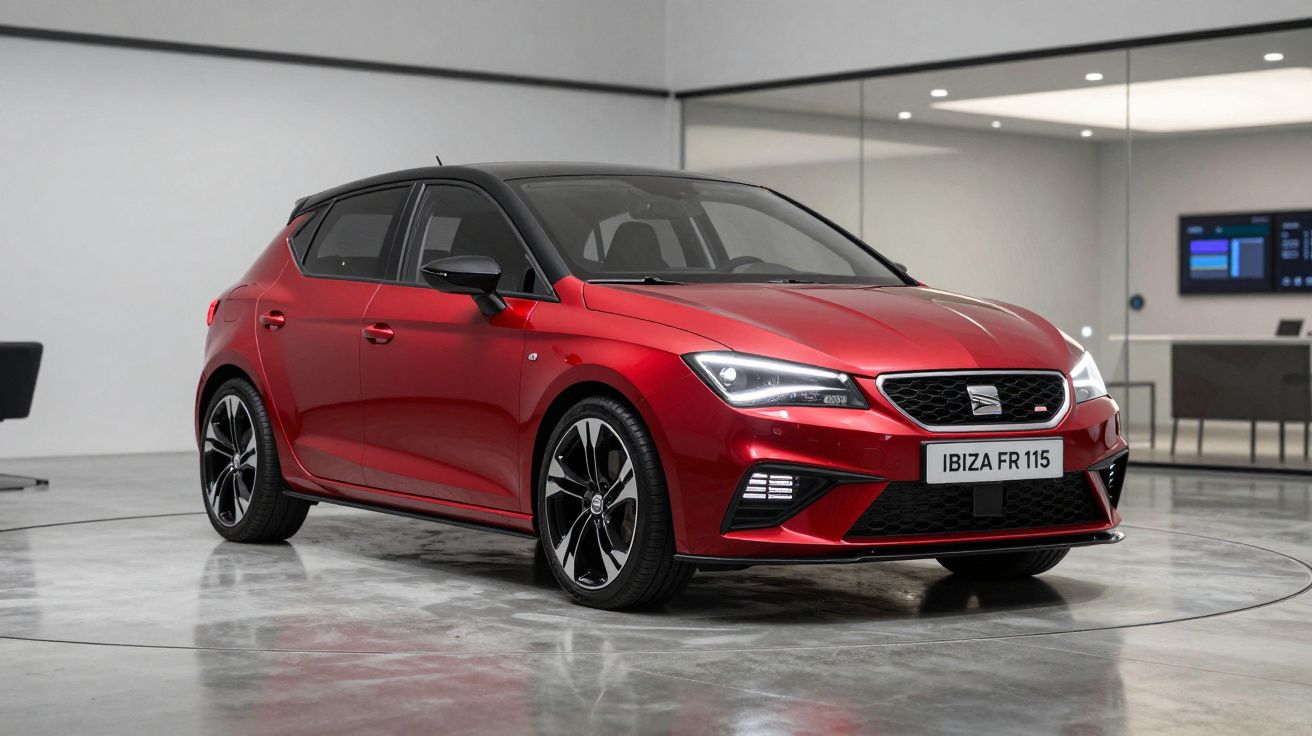 Carro vermelho Seat Ibiza FR 115 estacionado em ambiente interno com piso brilhante e paredes claras.