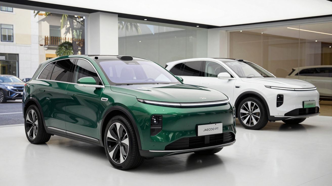 Dois carros SUV elétricos, um verde e outro branco, expostos em showroom moderno.