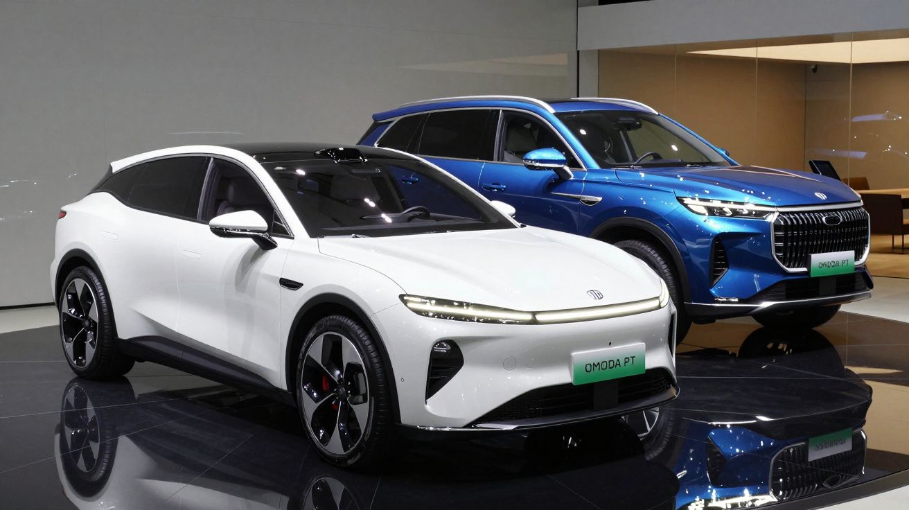 Dois carros elétricos Omoda PT, modelo SUV, um branco e outro azul, em exposição interna com piso preto brilhante.