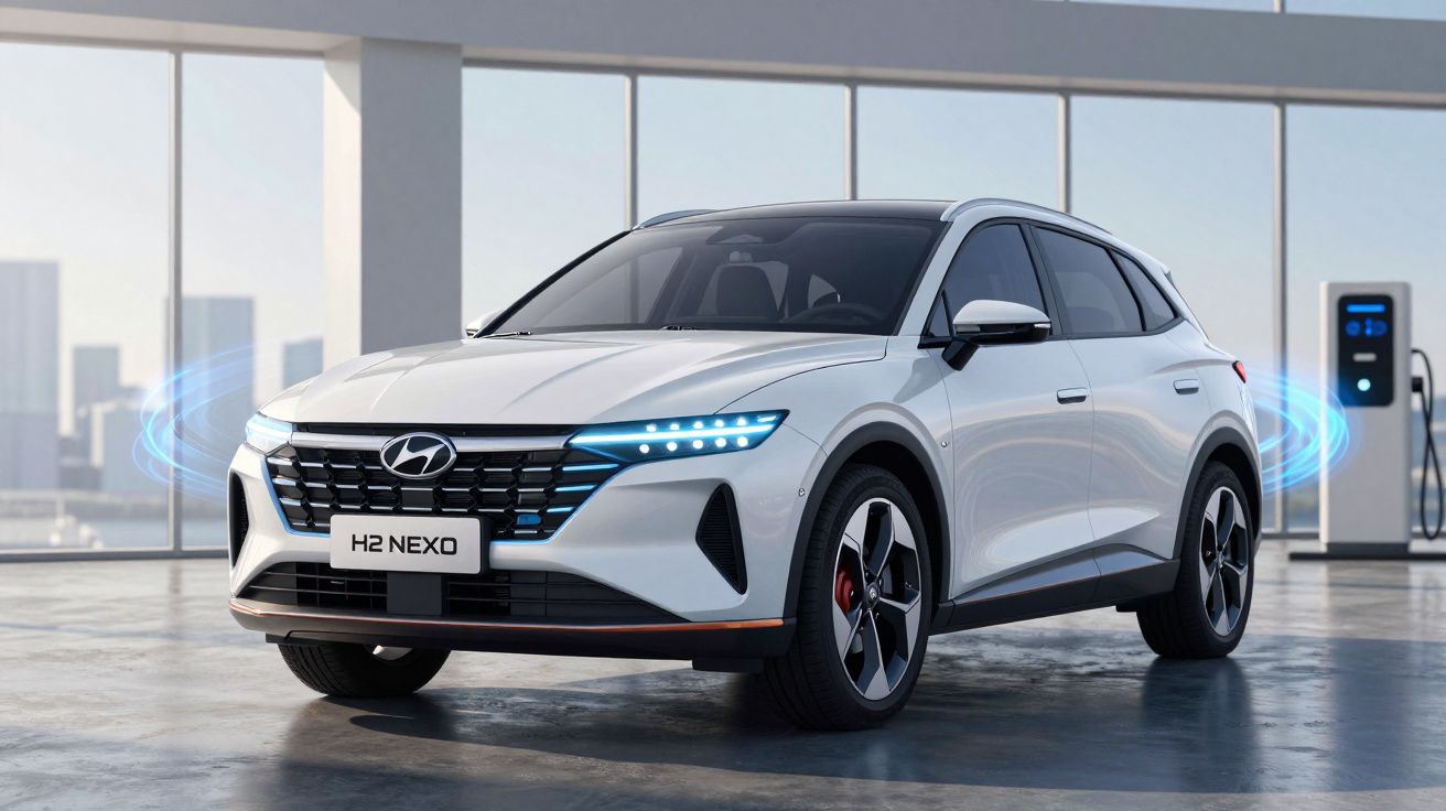 SUV Hyundai H2 Nexo branco em ambiente interno com estação de recarga ao fundo.