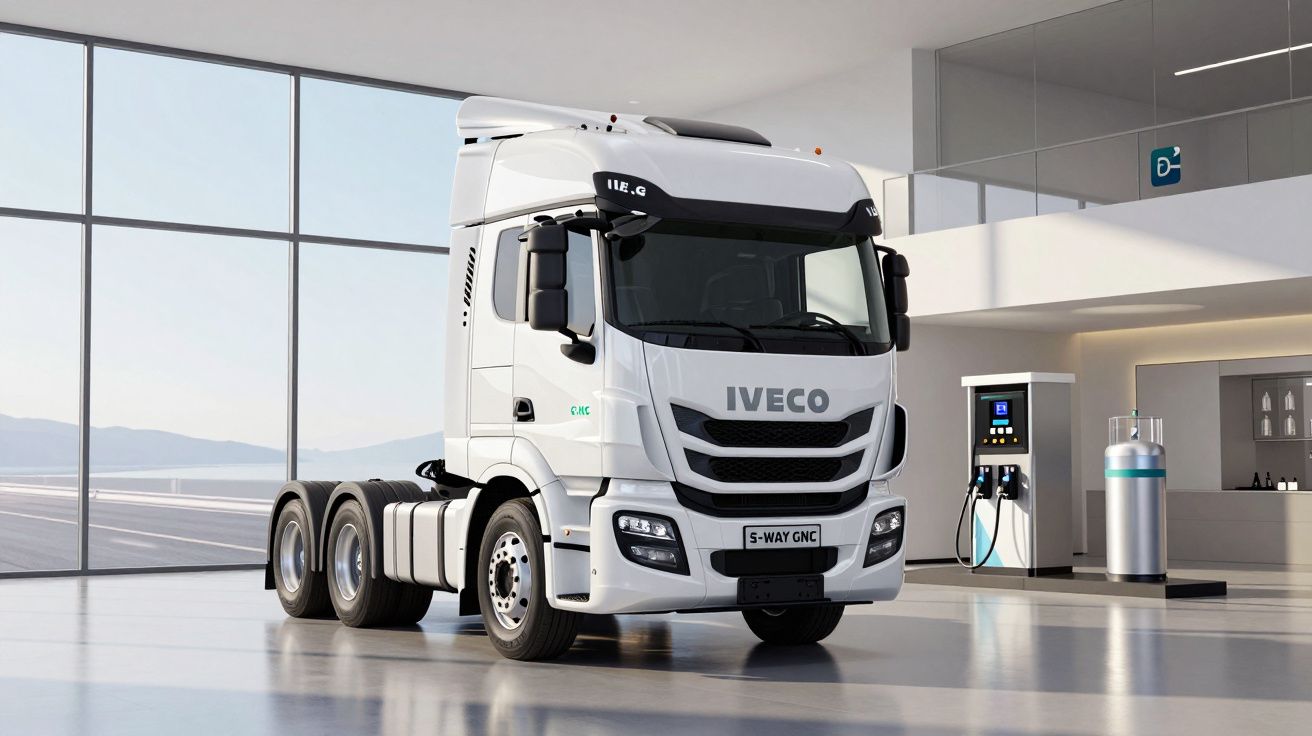 Caminhão branco Iveco S-Way GNC estacionado em ambiente moderno com estação de abastecimento ao fundo.