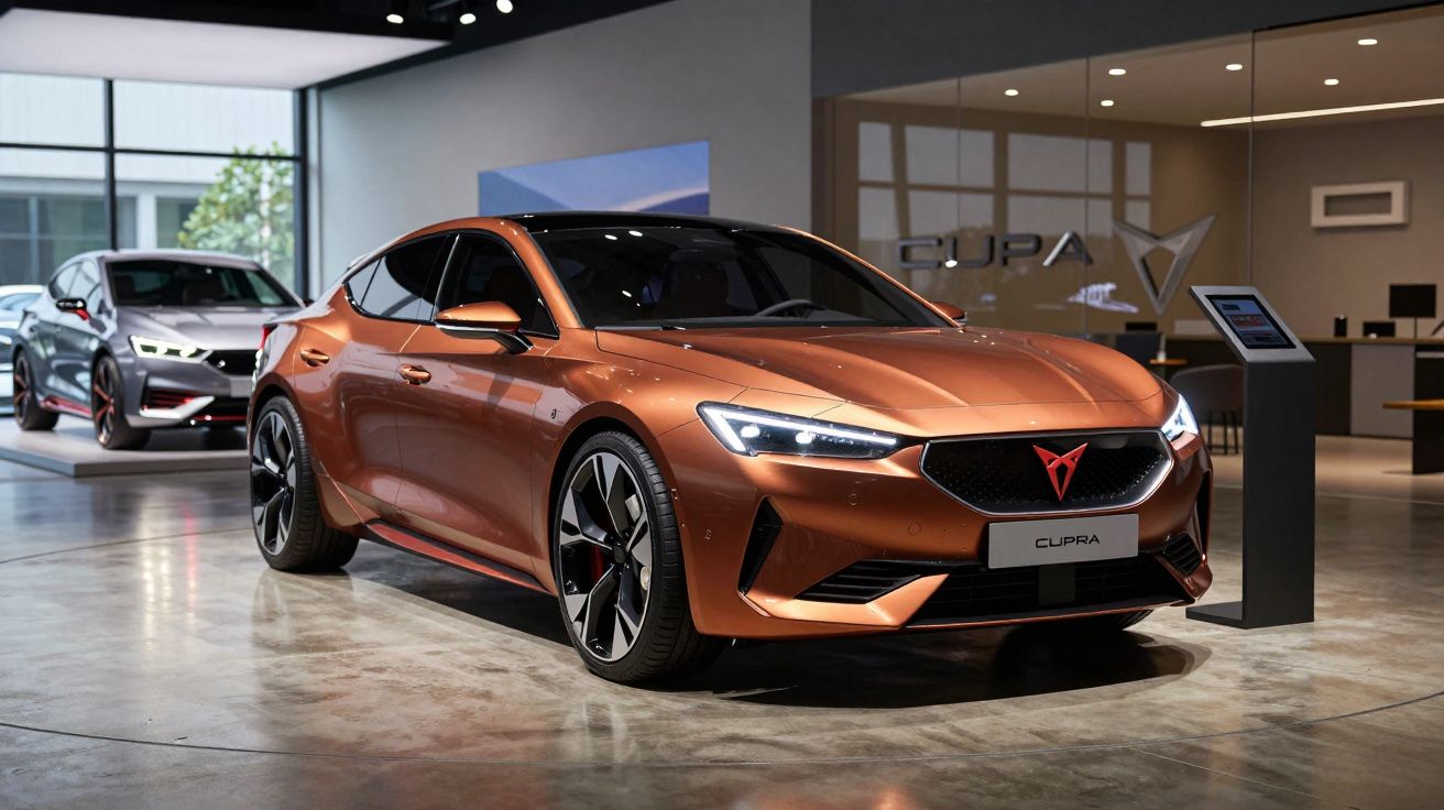 Carros elétricos Cupra em showroom moderno com iluminação destacando design esportivo.