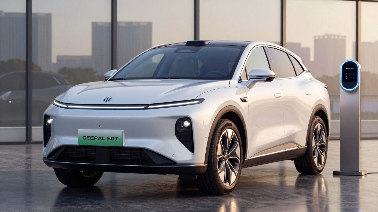 Carro elétrico SUV branco estacionado ao lado de estação de carregamento em ambiente urbano moderno.