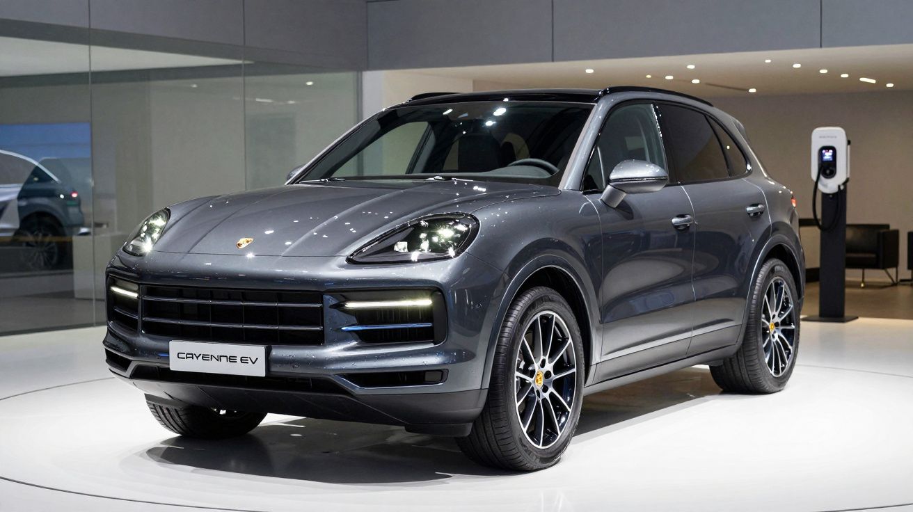 Carro SUV Porsche Cayenne EV cinza estacionado em ambiente interno com carregador elétrico ao fundo.