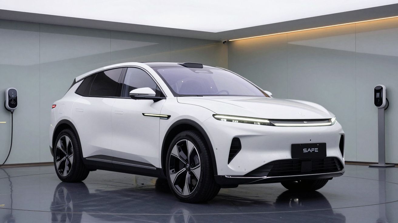 Carro elétrico branco estacionado em ambiente moderno com carregadores nas paredes, vista frontal lateral.