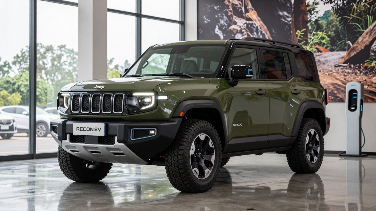 Carro SUV elétrico verde Jeep Recon EV estacionado em showroom com estação de recarga ao fundo.
