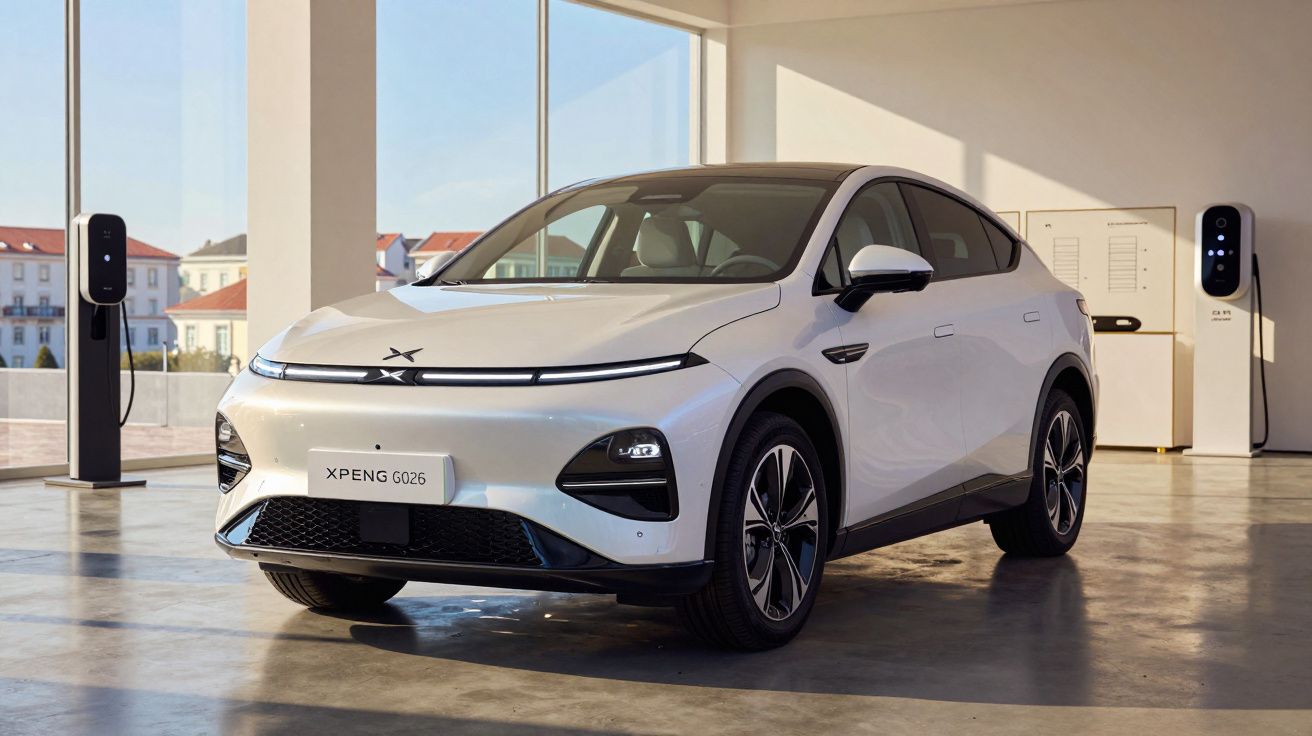 Carro elétrico branco XPENG G026 estacionado em garagem com duas estações de carregamento ao fundo.