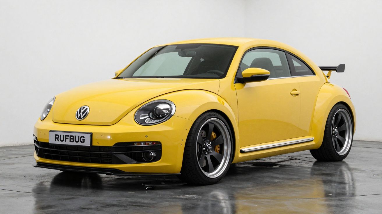 Carro esportivo Volkswagen Beetle amarelo com aerofólio preto, rodas largas e design moderno.
