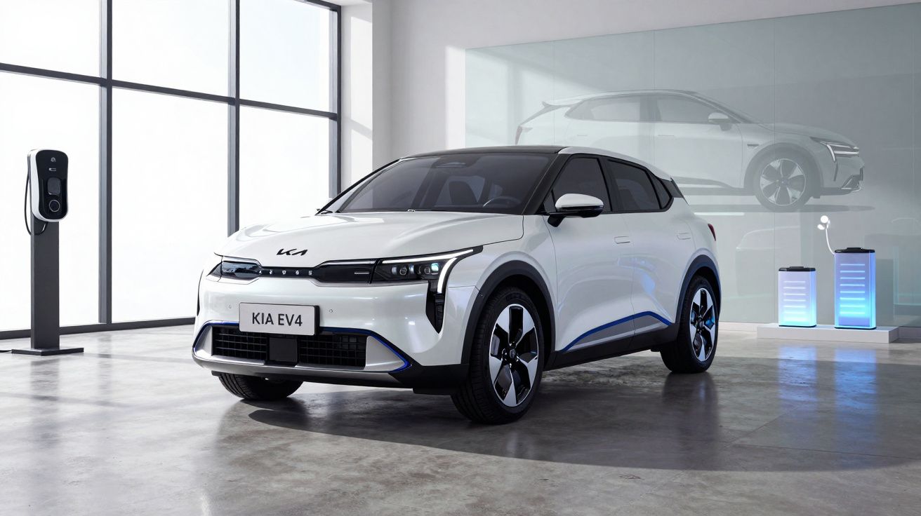 Carro elétrico branco Kia EV4 estacionado em sala moderna com estação de recarga à esquerda.