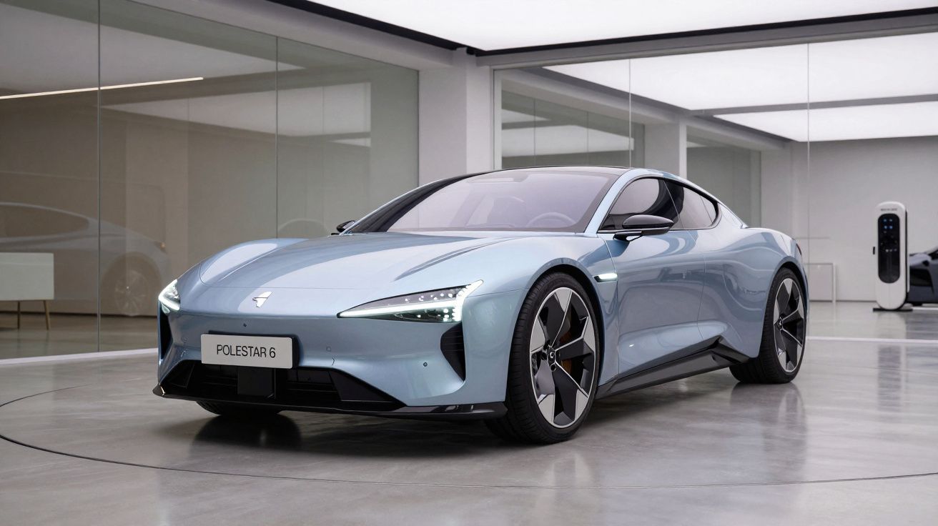 Carro esportivo elétrico azul Polestar 6 em showroom moderno com piso cinza e paredes de vidro.