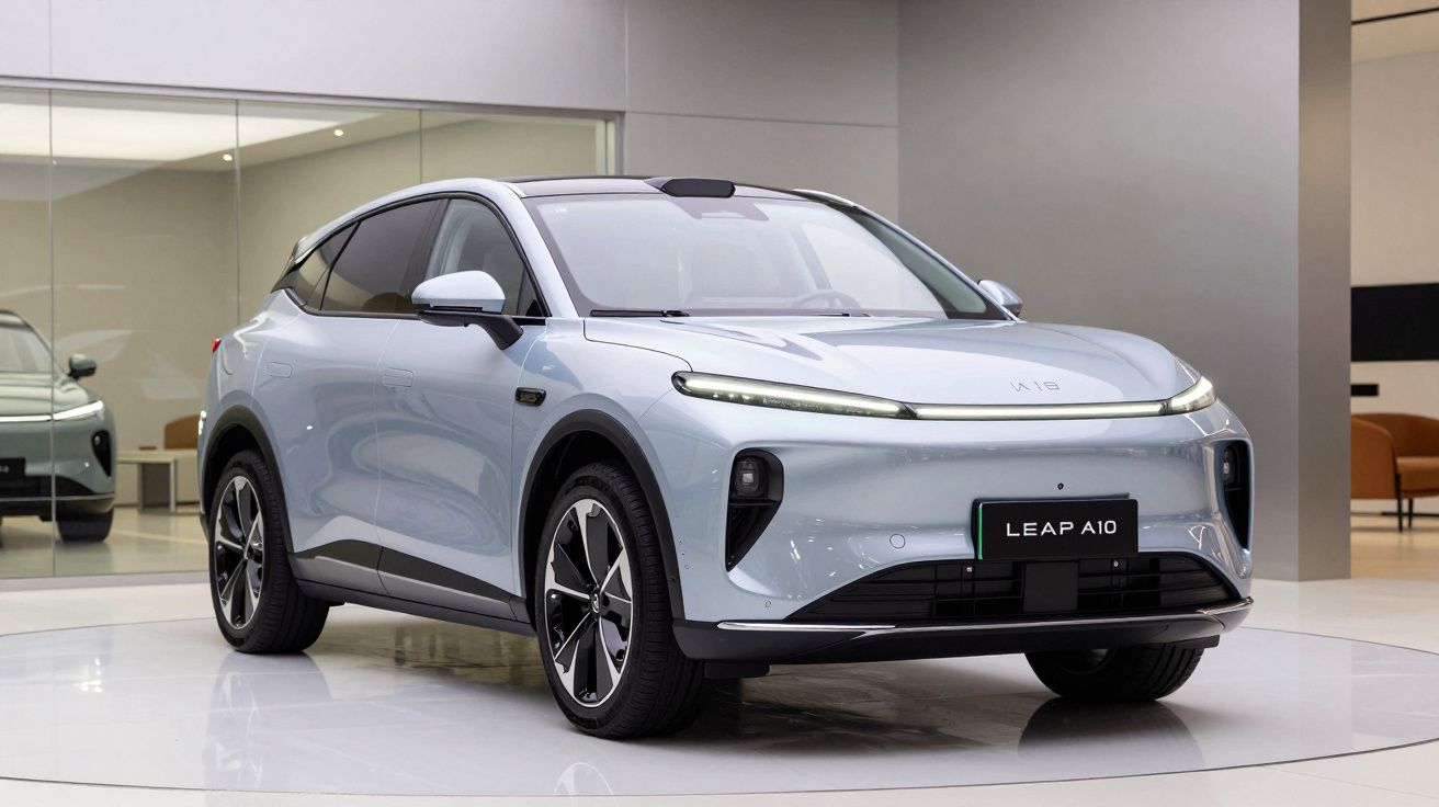 Carro elétrico moderno cinza modelo LEAP A10 estacionado em showroom espaçoso e iluminado.