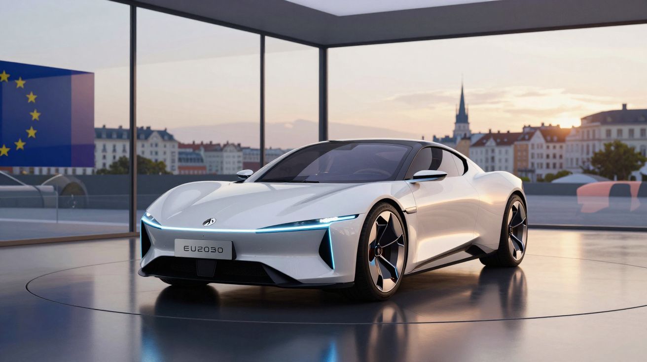 Carro esportivo elétrico branco exibido em sala moderna com janelas grandes e vista urbana ao entardecer.