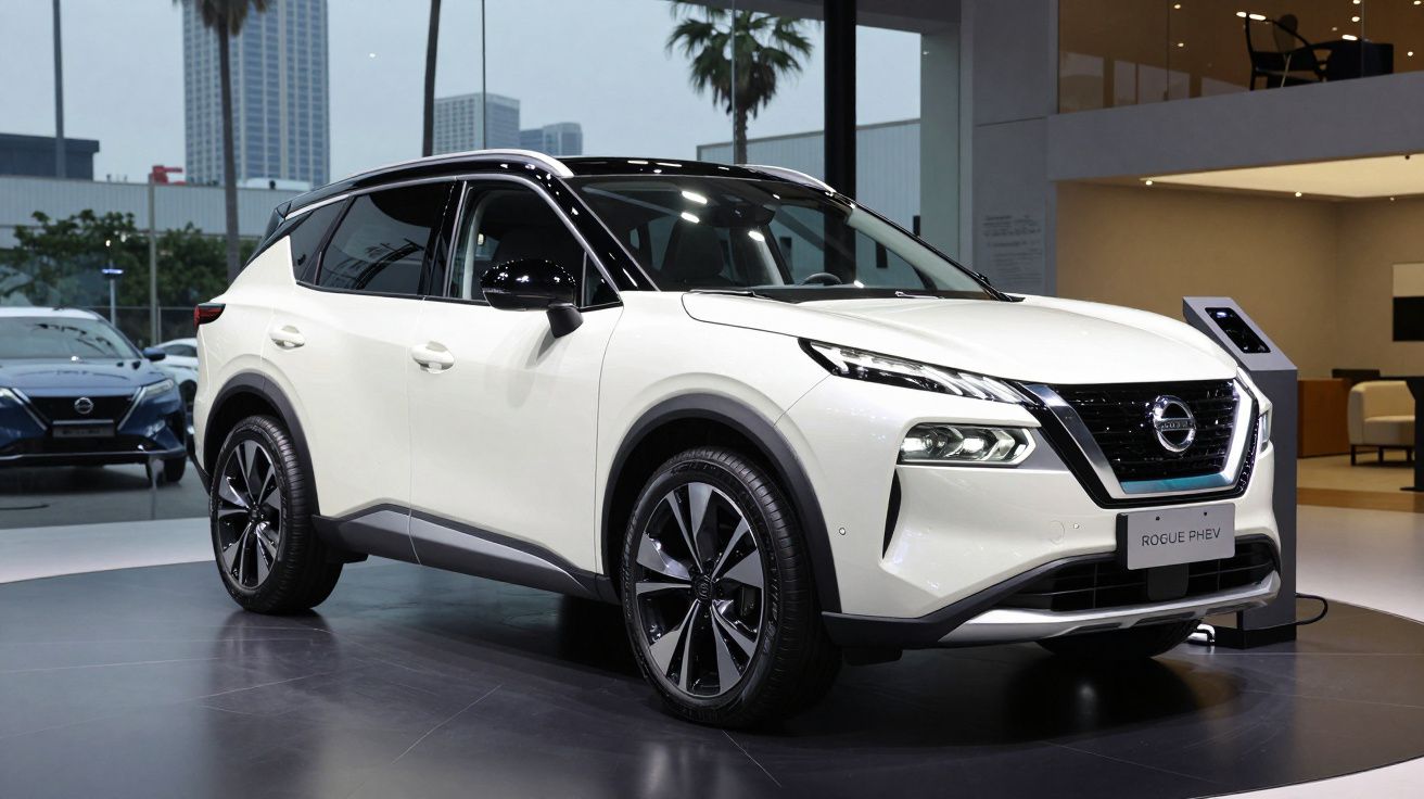 Carro SUV Nissan Rogue PHEV branco em exposição interna com fundo urbano e palmeiras.