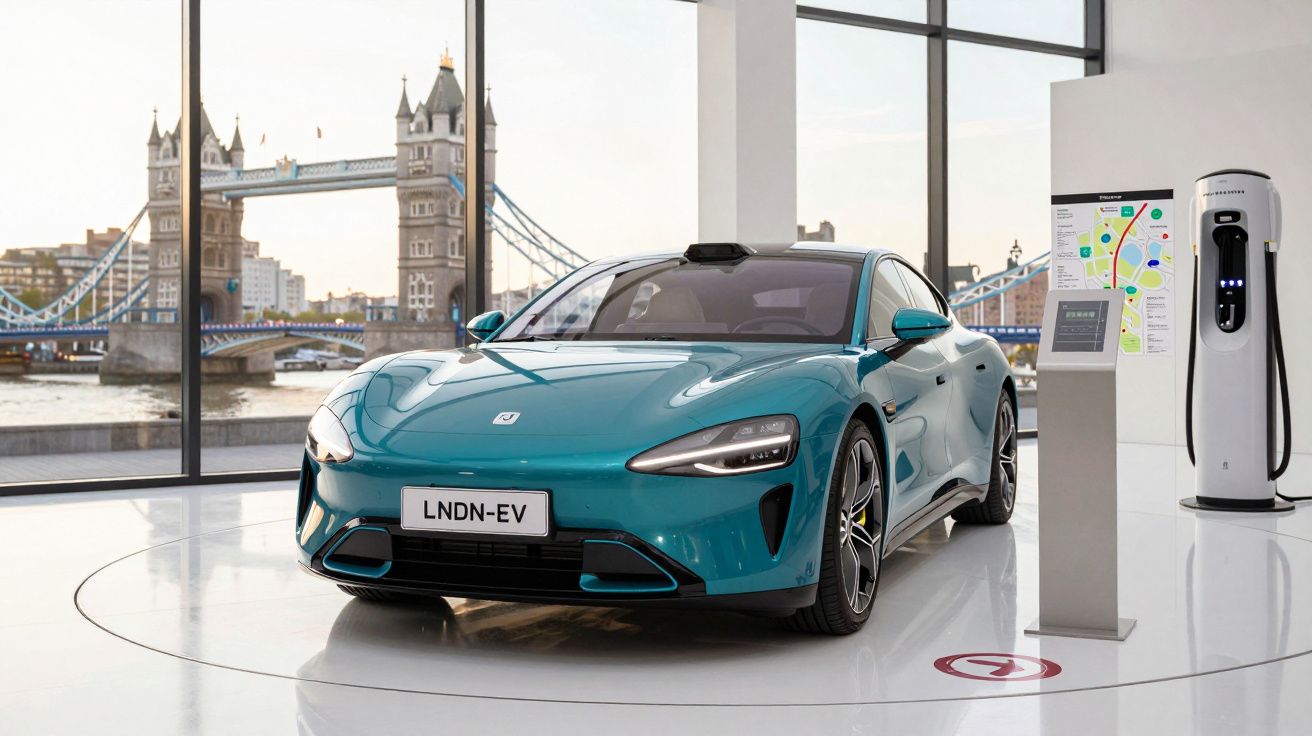 Carro elétrico azul em showroom com Torre de Londres ao fundo e estação de recarga elétrica ao lado.