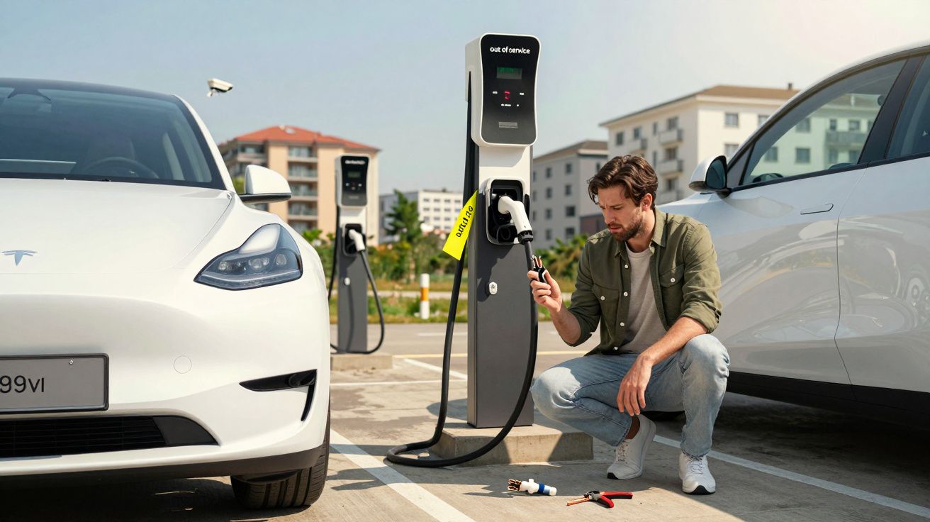 Homem agachado perto de carro elétrico branco em posto de carregamento fora de serviço, tentando consertar o plugue.