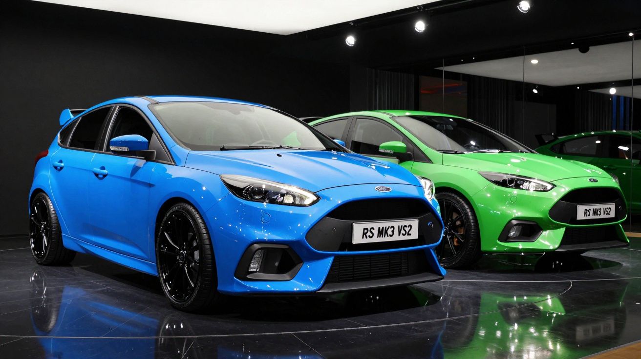 Dois carros esportivos Ford Focus RS MK3, um azul e um verde, expostos em ambiente interno moderno.
