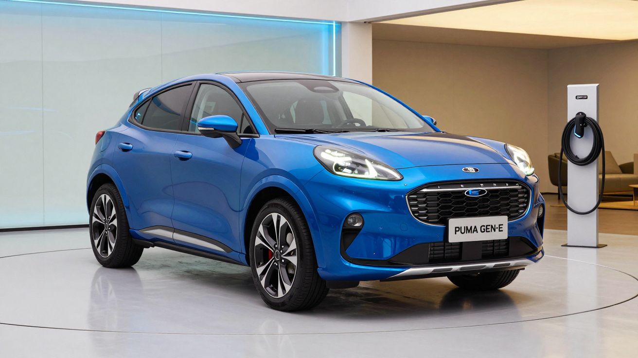 Carro elétrico azul Ford Puma Gen-E em exposição interna com estação de recarga ao fundo.