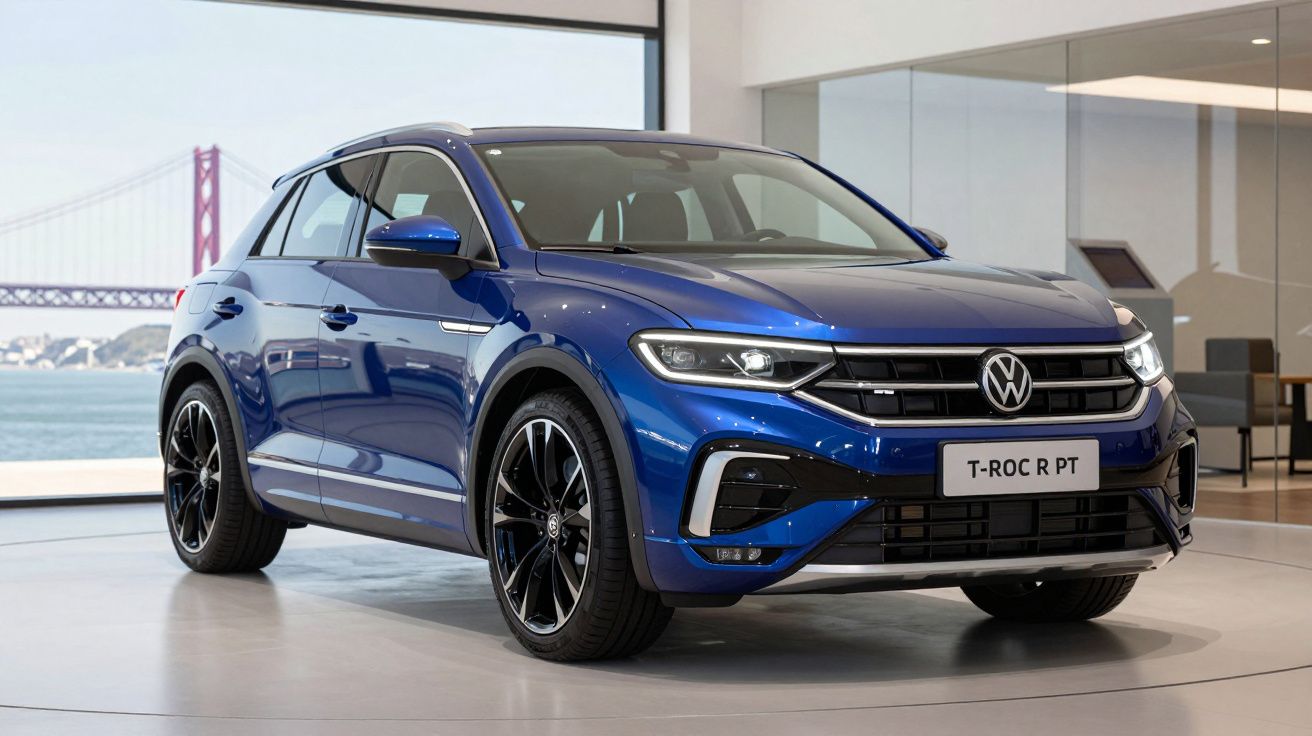 Carro Volkswagen T-Roc R PT azul exibido em showroom com vista para ponte e água ao fundo.