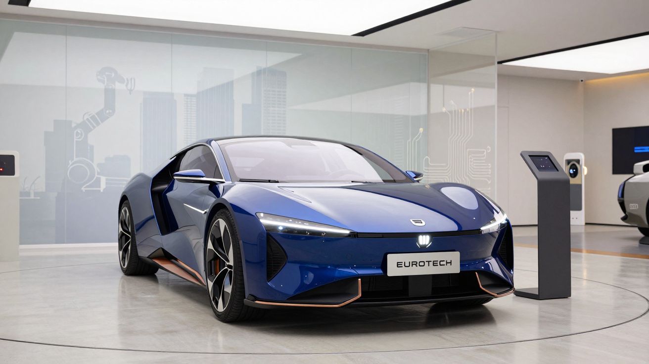 Carro esportivo azul elétrico Eurotech estacionado em showroom moderno com piso cinza e paredes claras.