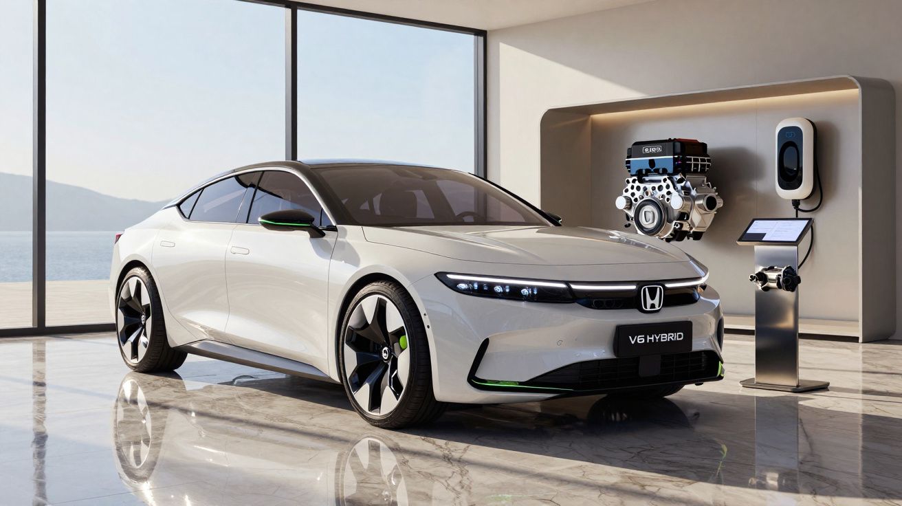 Carro elétrico branco Honda V6 Hybrid em ambiente moderno com motor e estação de recarga ao lado.