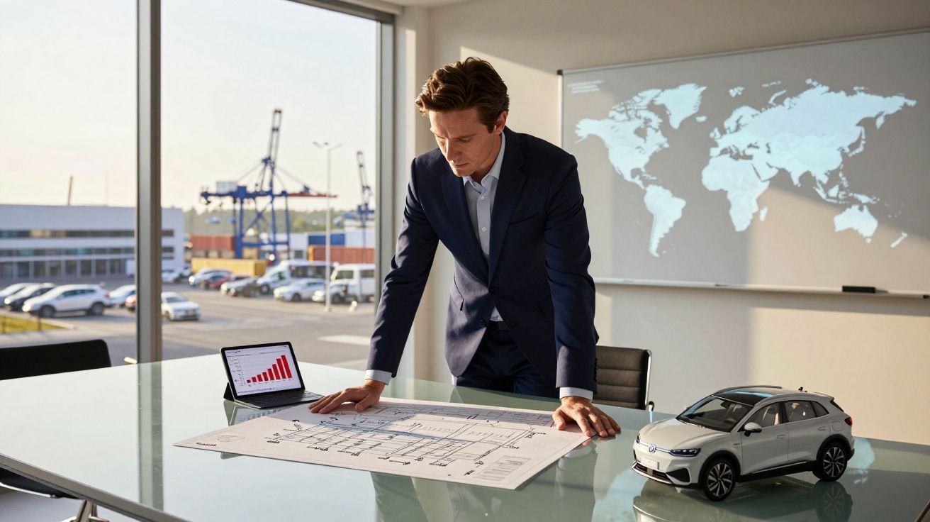 Homem em terno analisando plantas sobre mesa com maquete de carro e gráfico em tablet na sala de reunião.