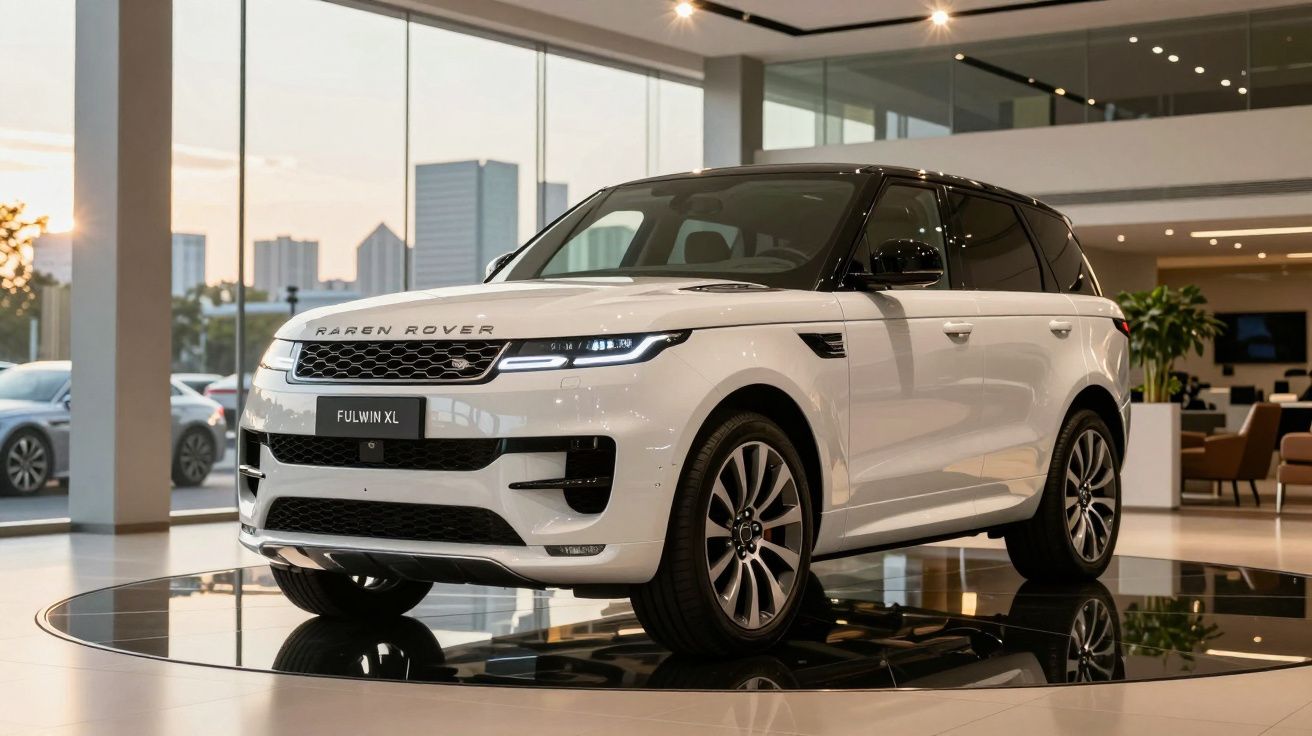 SUV branco Range Rover em exposição dentro de salão moderno com janelas grandes e iluminação elegante.
