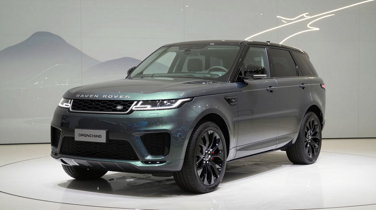 SUV cinza metálico modelo Raven Rover em exposição com rodas pretas e detalhes modernos.