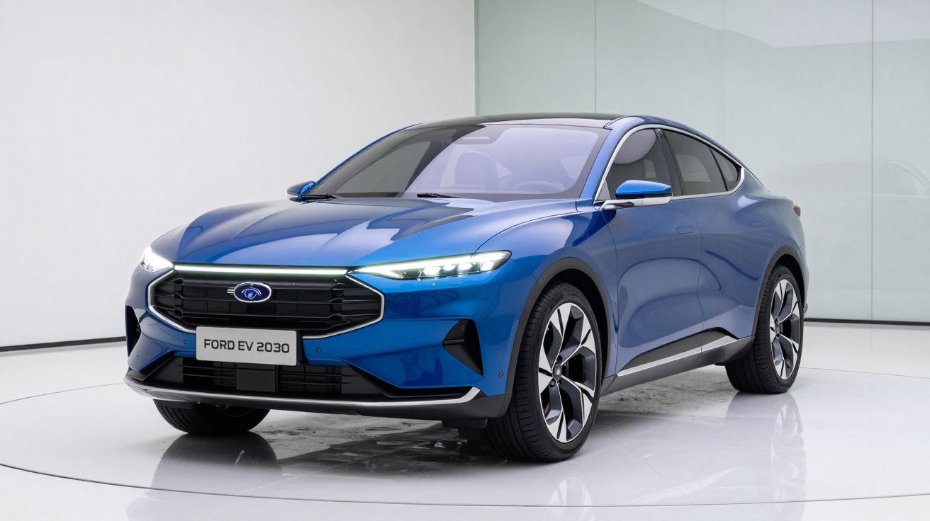Carro elétrico azul Ford EV 2030 em exposição com design moderno e rodas grandes em fundo branco.