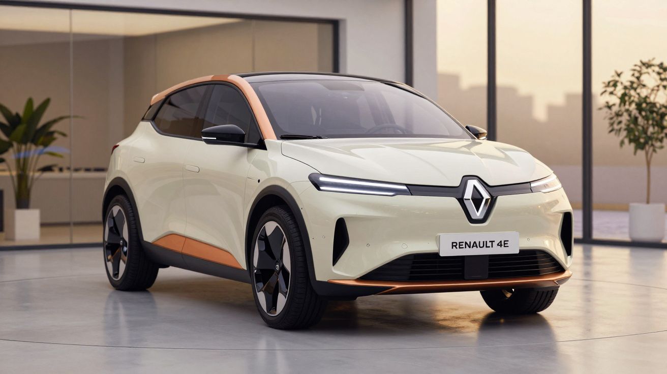 Carro elétrico Renault 4E branco com detalhes em cobre estacionado em ambiente moderno interno.