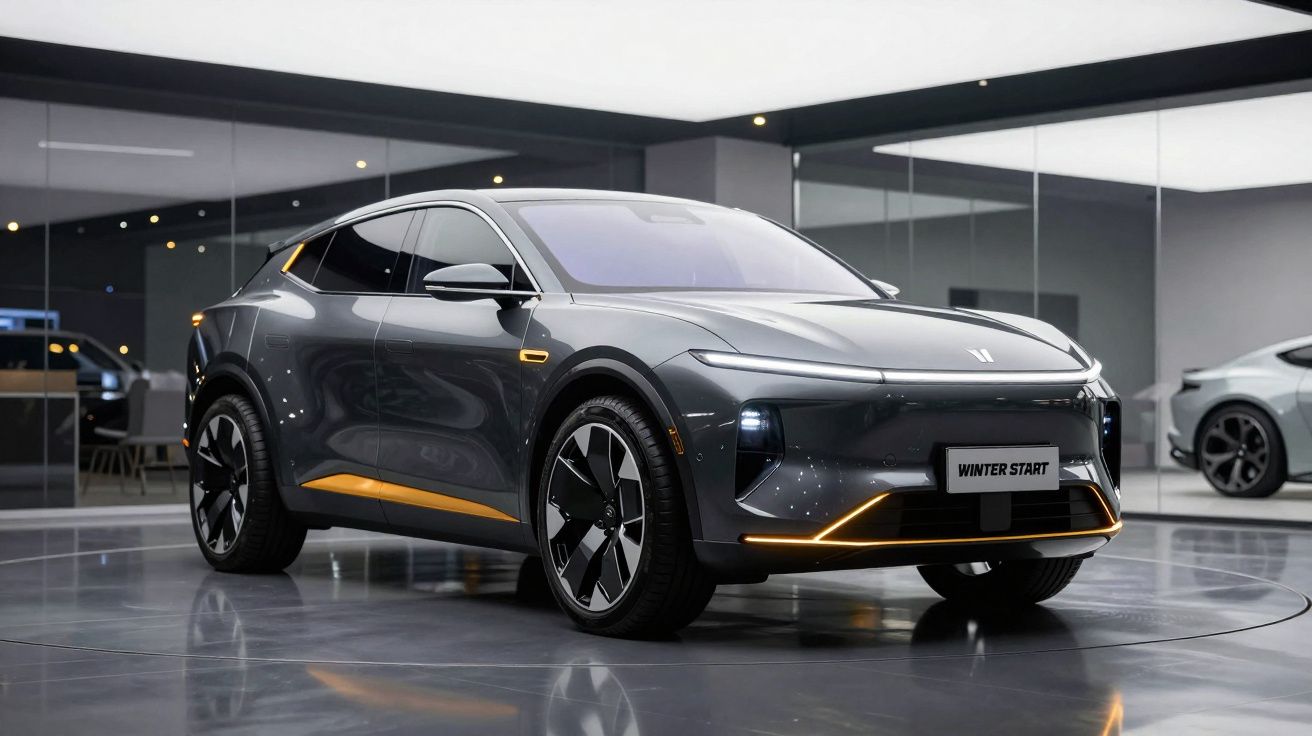 Carro elétrico cinza escuro com detalhes em amarelo exibido em showroom moderno com vidro e piso brilhante.