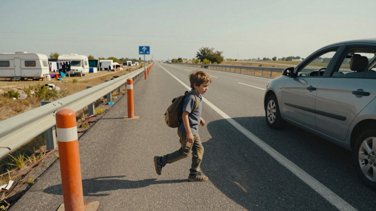 Menino com mochila atravessa rodovia movimentada próximo a carros e trailers estacionados.