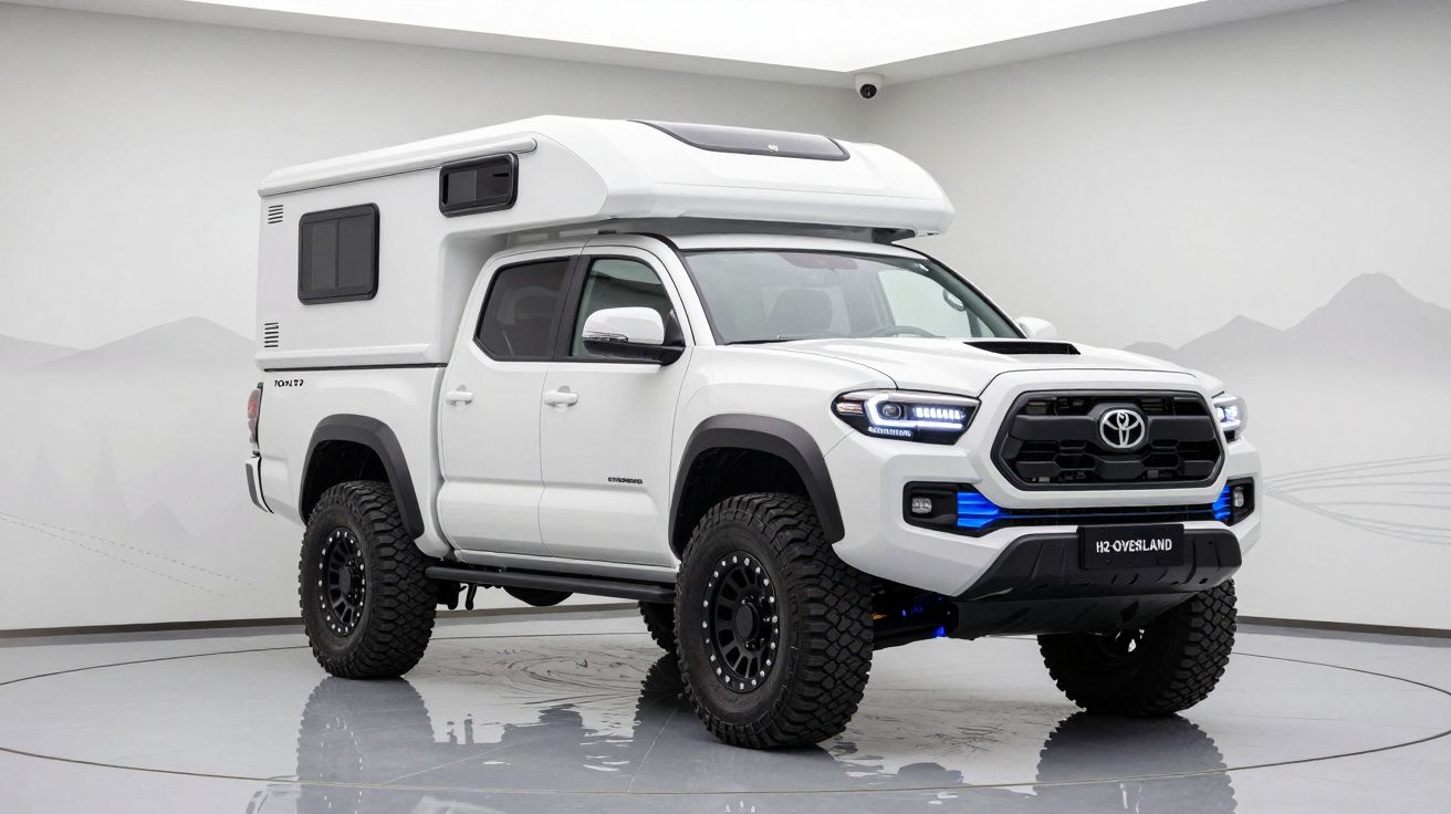 Caminhonete Toyota branca equipada com camper off-road em ambiente interno e piso reflexivo.