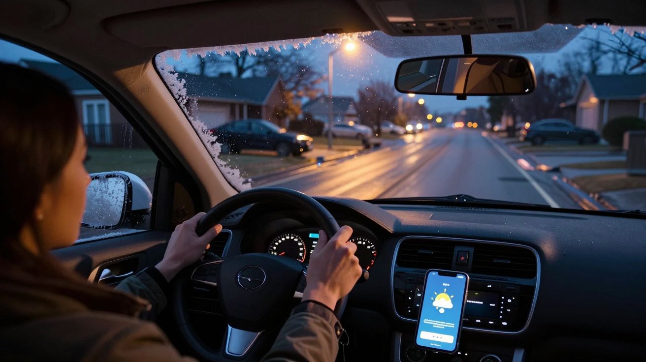 Pessoa dirigindo um carro ao amanhecer com aplicativo de previsão do tempo aberto no painel central.