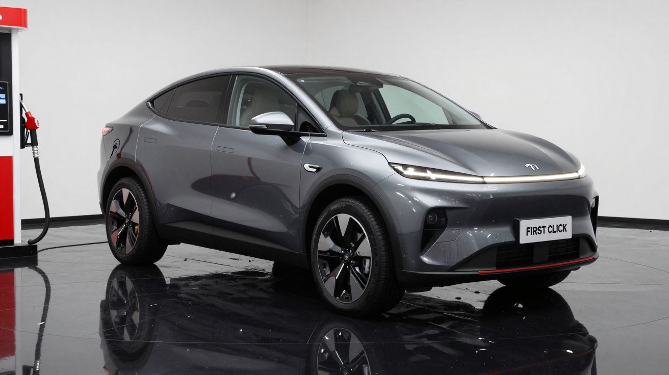 Carro elétrico cinza estacionado próximo a uma bomba de recarga em ambiente interno branco.