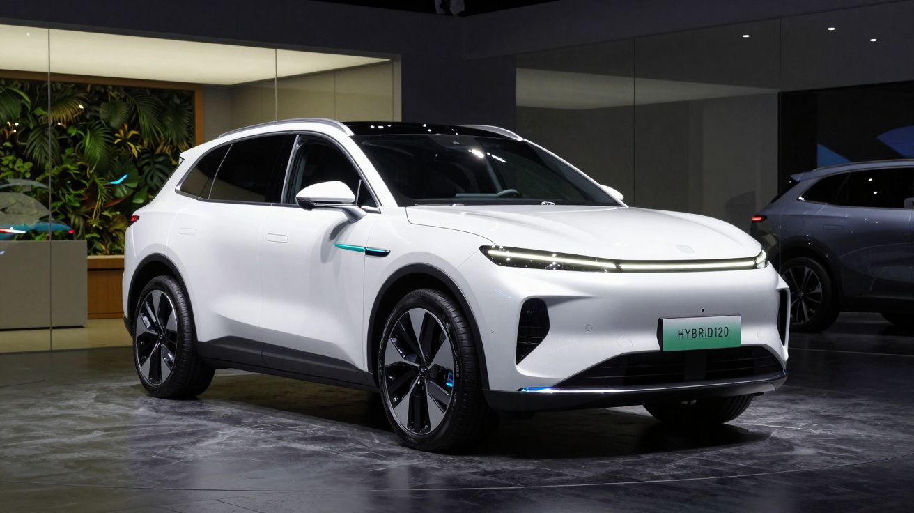 SUV branco elétrico híbrido estacionado em ambiente interno com luzes modernas e pneus grandes.