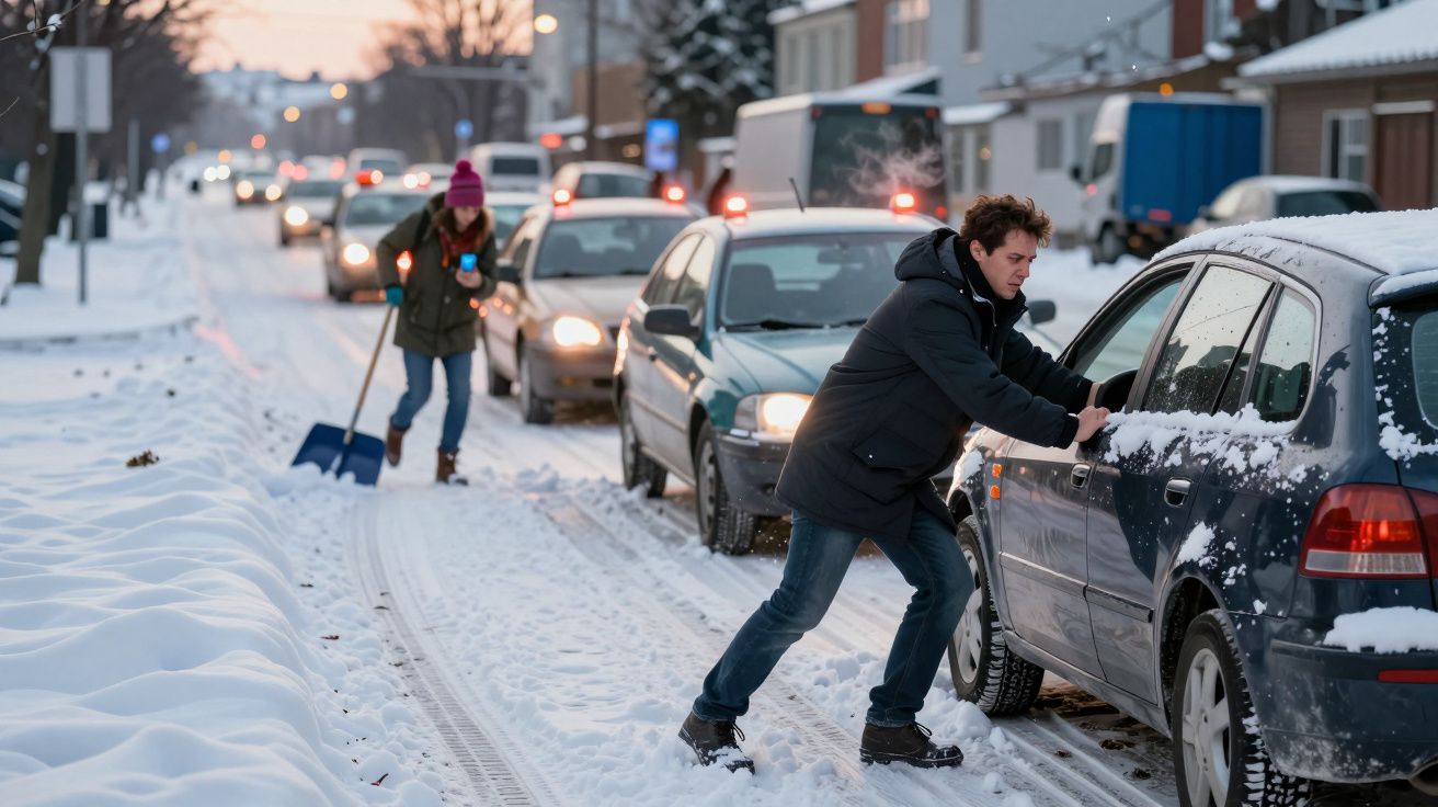 Homem empurrando carro preso na neve enquanto fila de veículos espera na rua coberta de neve.