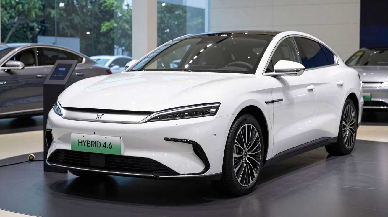 Carro elétrico branco modelo híbrido exposto em showroom com design moderno e aerodinâmico.