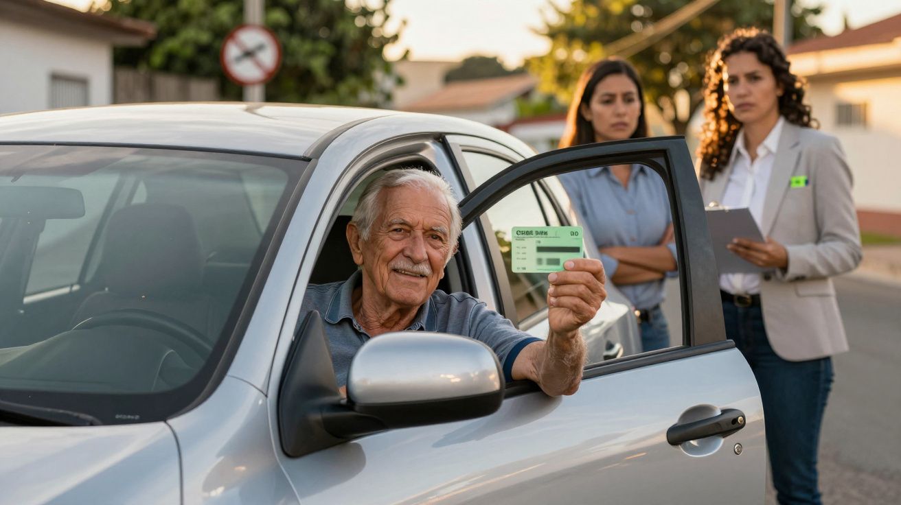 Idoso sorridente no carro mostrando carteira de motorista, com duas mulheres observando ao fundo.