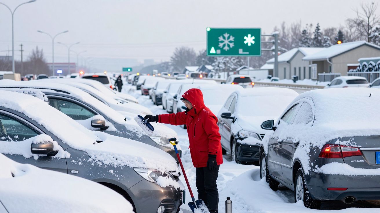 Pessoa com jaqueta vermelha limpando neve de carro estacionado em rua coberta de neve e trânsito lento ao fundo.