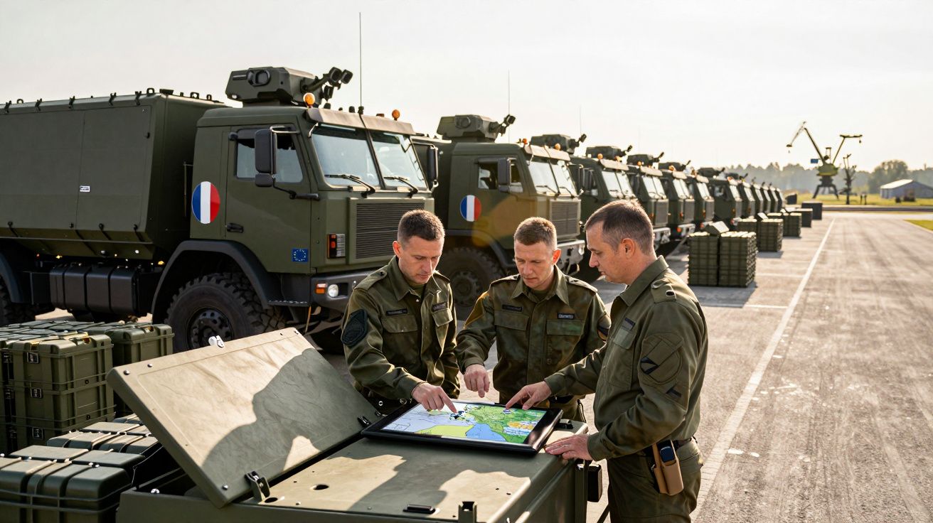 Três soldados analisam mapa em campo com caminhões militares alinhados ao fundo em dia claro.