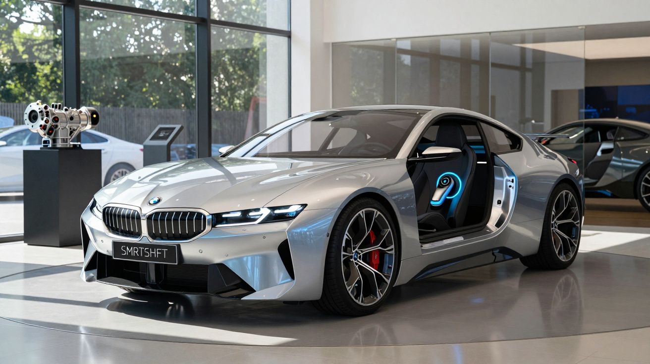 Carro esportivo BMW prata com porta aberta exibindo interior futurista em showroom com vidro ao fundo.