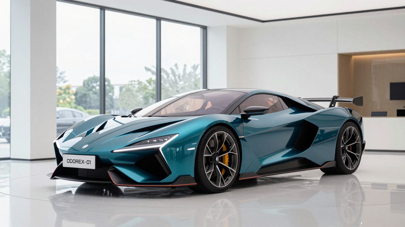 Carro esportivo azul metálico estacionado em ambiente interno moderno com janelas amplas.