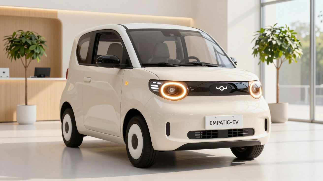 Carro elétrico compacto branco com faróis arredondados e design moderno em ambiente interno iluminado.