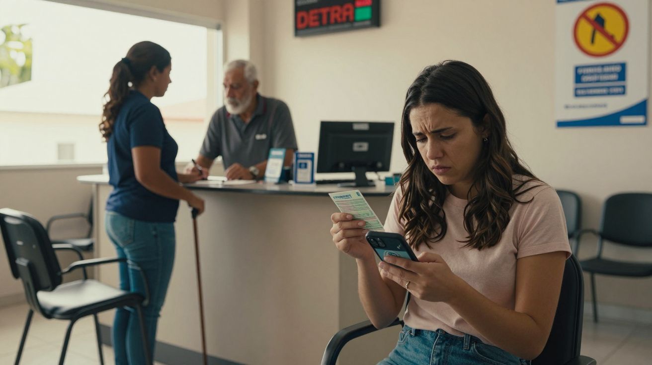 Mulher sentada em sala de espera consulta celular e documento enquanto duas pessoas são atendidas no balcão.